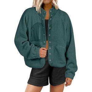 Women's Fuzzy Fleece Green Long Sleeve Button Down Jacket Coats Casual Outwear